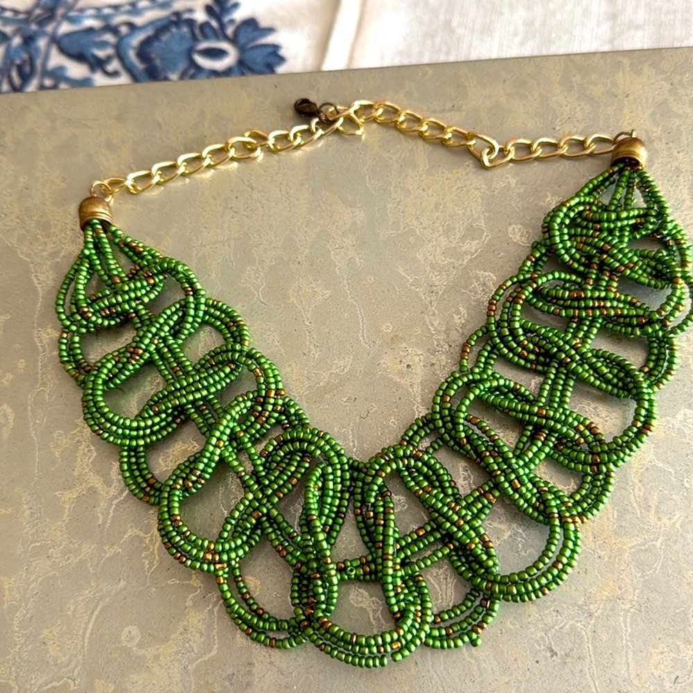 Green  chartreuse seed bead mixed with light golden beads braided choker Vintage